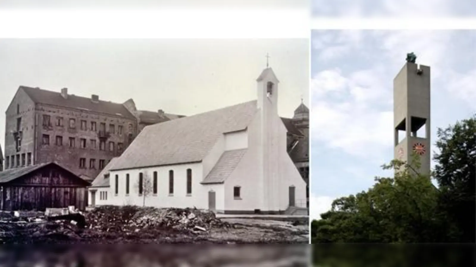 Die dritte Kreuzkirche stand von 1950 bis 1968 in der Hiltenspergerstr., links daneben die Holzkirche, die seit 1946 als Notkirche diente. Foto re.: Der weithin sichtbare freistehende Glockenturm der Kreuzkirche heute, 1968 erbaut.  (F: Kreuzkirche)