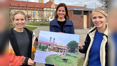 Dachterrasse und kleine Bistrotische: so soll der Kiosk am Luise-Kiesselbach-Platz aussehen. Kommunalreferentin Kristina Frank (Mitte) und die neuen Pächterinnen, Laura (links) und Alexa Steinke, mit einer Visualisierung von Lion Fleischmann. <br><br> (Foto: Kommunalreferat)