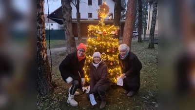 Freuen sich über den gemeinschaftlich so schön geschmückten Baum: v.l. Hedi Mathe, Andrea Mager und Ingrid Dabernek von der IG Langwied. (Foto: IG)