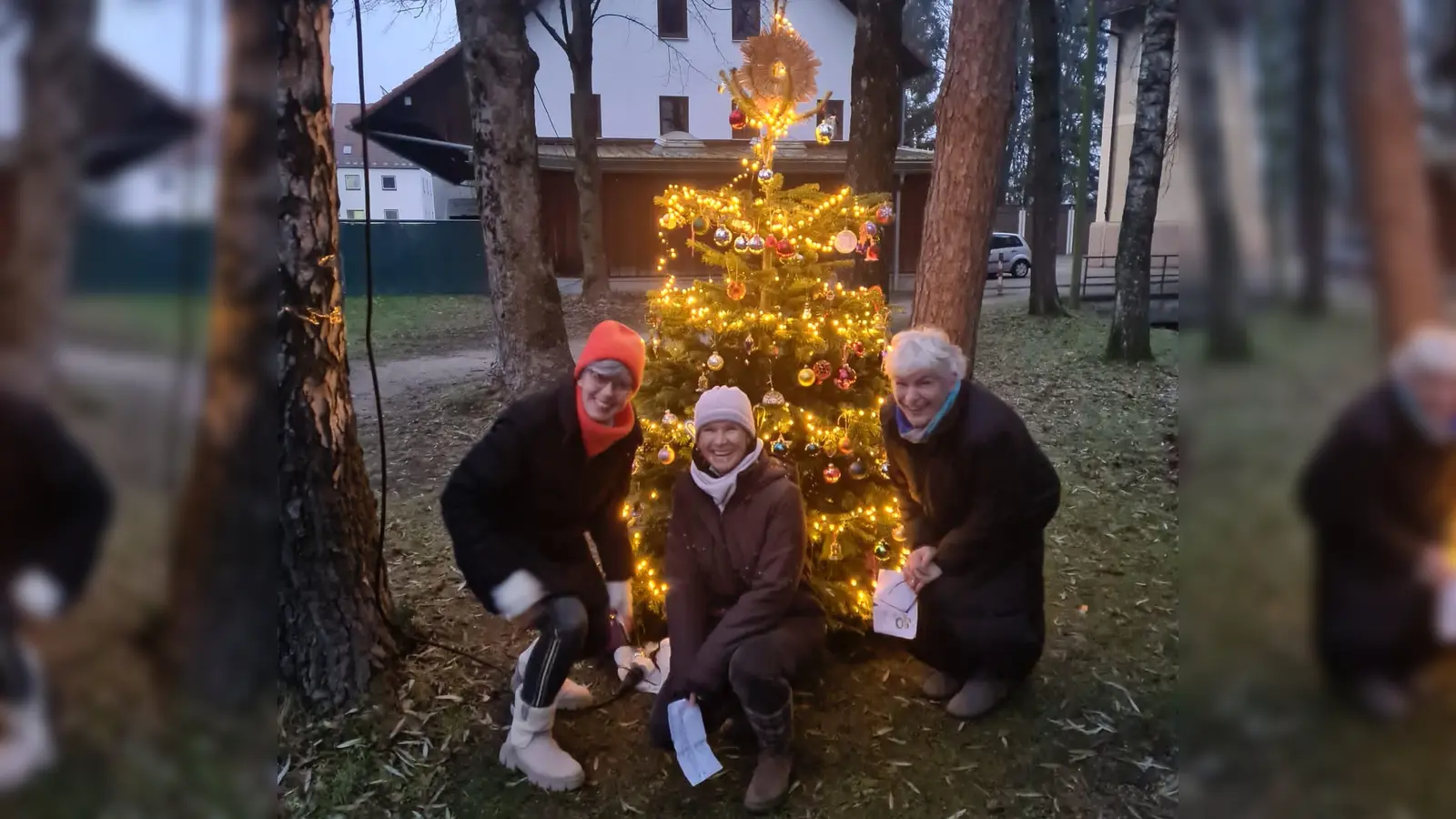 Freuen sich über den gemeinschaftlich so schön geschmückten Baum: v.l. Hedi Mathe, Andrea Mager und Ingrid Dabernek von der IG Langwied. (Foto: IG)