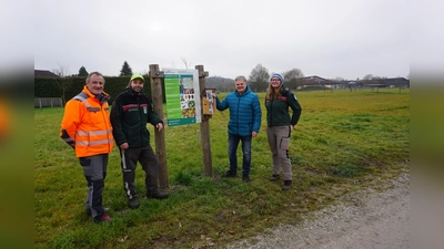 Bauhofleiter Franz Heiß, Sebastian Winter (Initiative Zukunftswald). Bürgermeister Stefan Joachimsthaler und Lara Rösel (v.l.) (Initiative Zukunftswald präsentieren die Infotafel. (Foto: Gemeinde Alling)