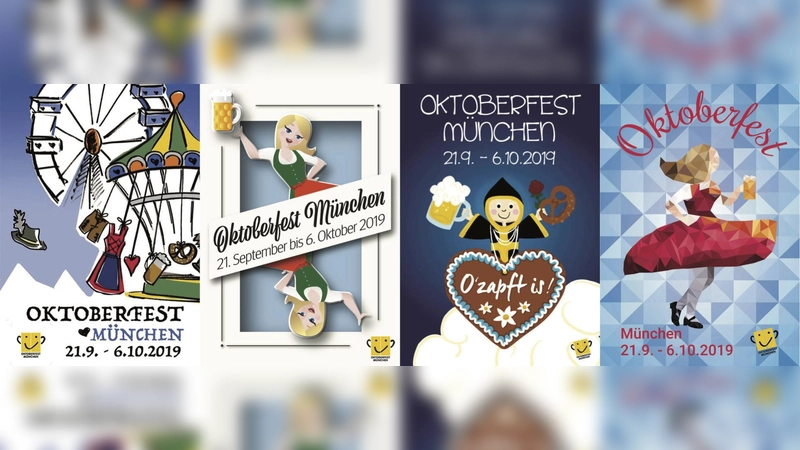 Vier von 52 bunten, fantasievollen, kreativen, traditionellen und avantgardistischen Entwürfen für das Oktoberfestplakat 2019. Internetnutzer können noch bis 22. Januar, 24. Uhr, ihren Favoriten aus allen 52 auswählen. (Foto: Referat für Arbeit und Wirtschaft)