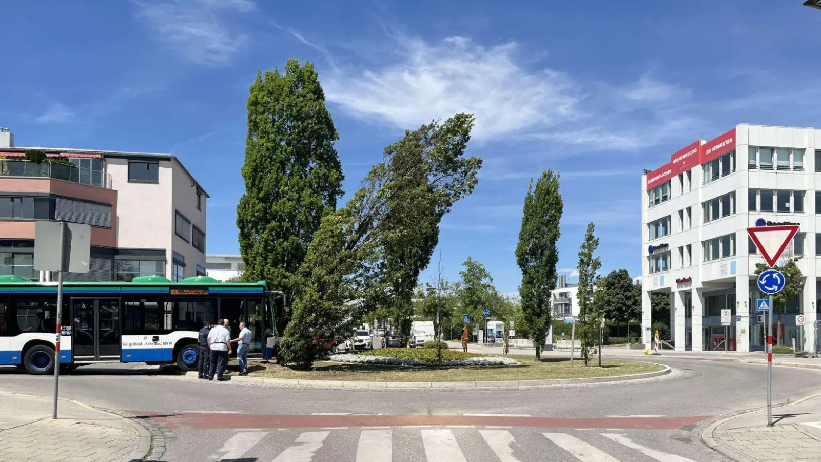 Schräglage: Der Baum auf dem Kreisverkehr in der Unteren Bahnhofstraße musste nach dem Zusammenstoß mit dem Linienbus gefällt werden. (Foto: PI Germering)