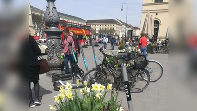 Typische Situation: Fußgänger quetschen sich um die im Weg stehenden E-Scooter. (Foto: ara)