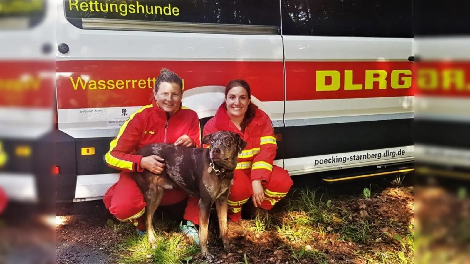 Das erfolgreiche Team der <br>DLRG-Rettungshundestaffel Starnberg v.l.: Ina Rebel <br>mit Spürnase Biloxi und Suchgruppenhelferin und Rettungsassistentin <br>Kathrin Jochum. (Foto: DLRG Pöcking-Starnberg e.V.)