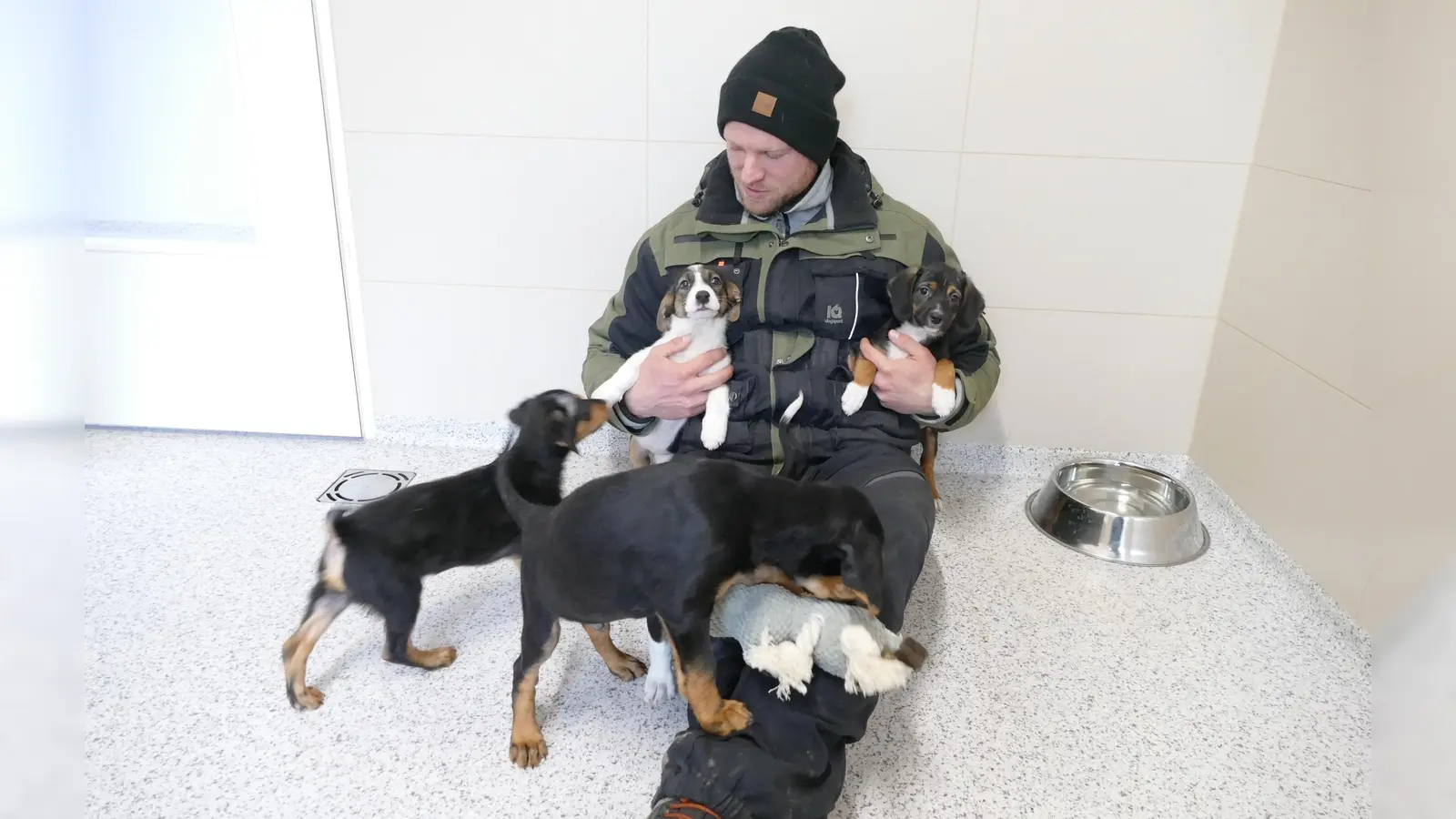 Hundetrainer Tobias Dietz während eines Besuchs bei den Mischlingswelpen. (Foto: Tierschutzverein München)