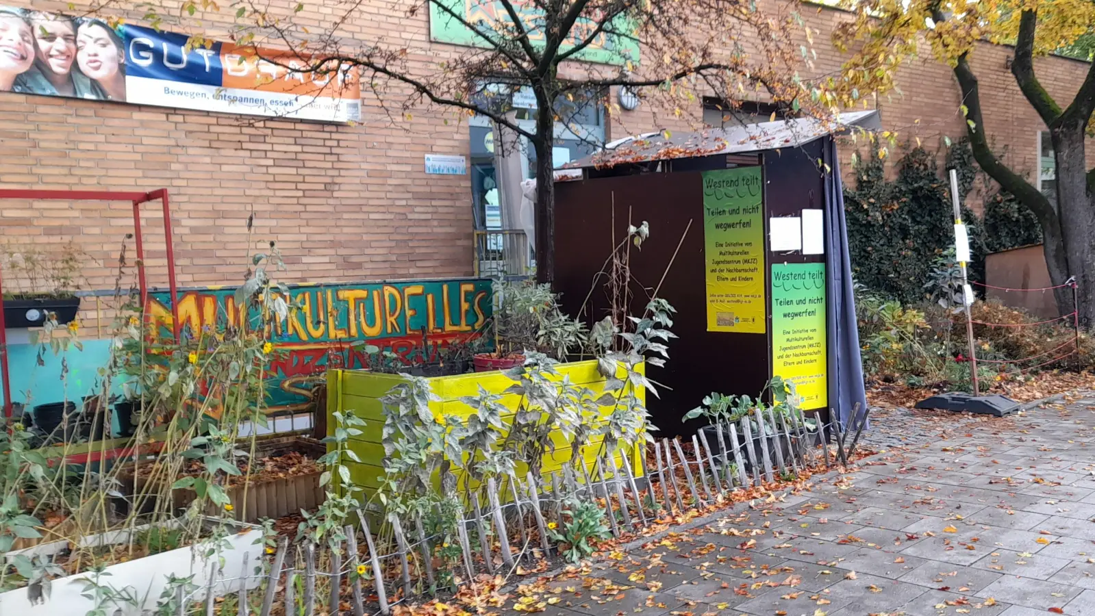 Am Multikulturellen Jugendzentrum (MKJZ) wird getauscht und geteilt: Sowohl beim gemeinschaftlichen Gärtnern (Gemüsebeet links im Bild), als auch am Tauschregal. (Foto: Beatrix Köber)