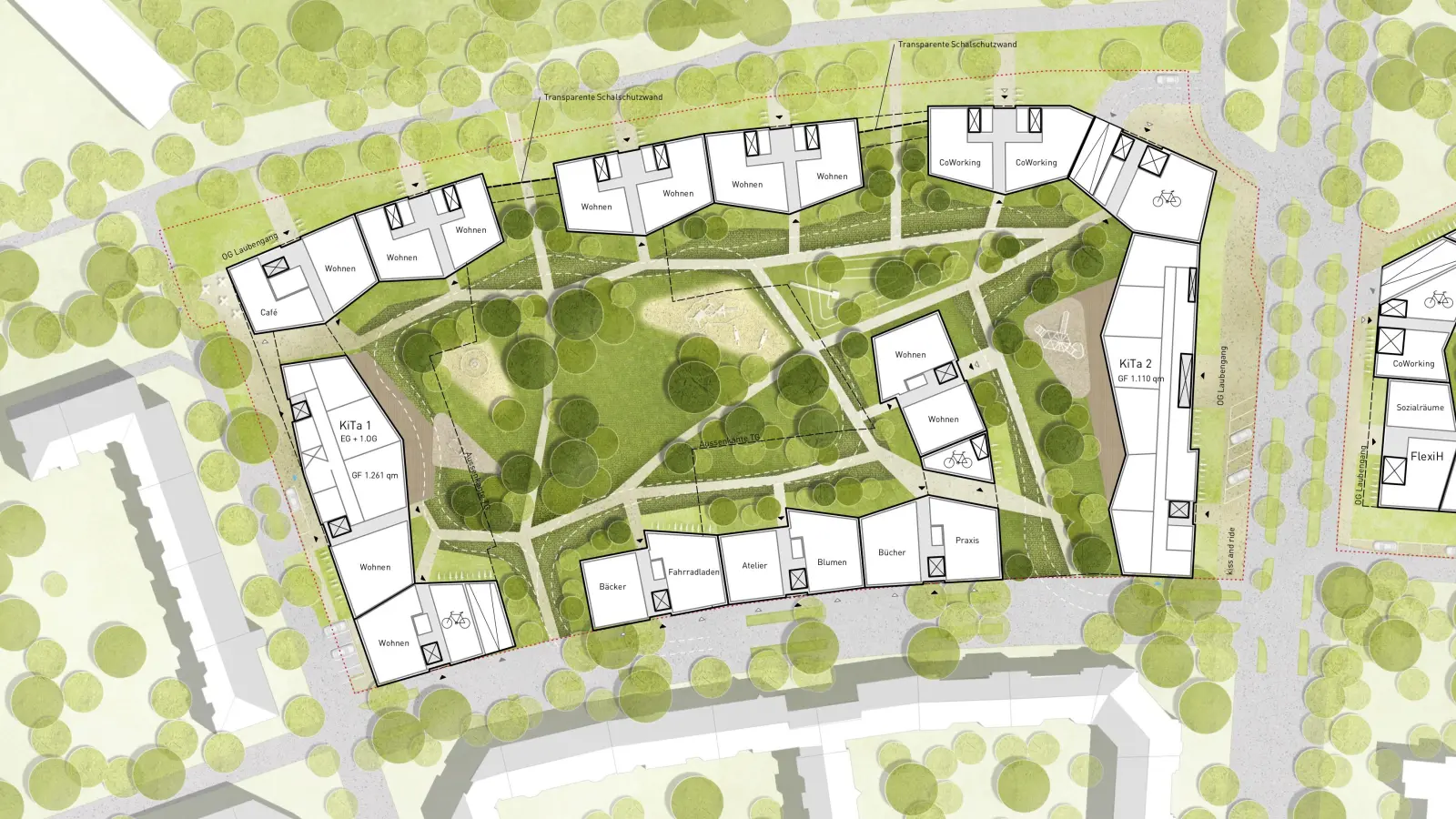 600 Wohnungen sowie eine Grundschule entstehen südlich des Botanikums, beidseits der Feldmochinger Straße. (Grafik: O&O Baukunst GmbH, Köln mit studio grüngrau Landschaftsarchitektur, Düsseldorf)