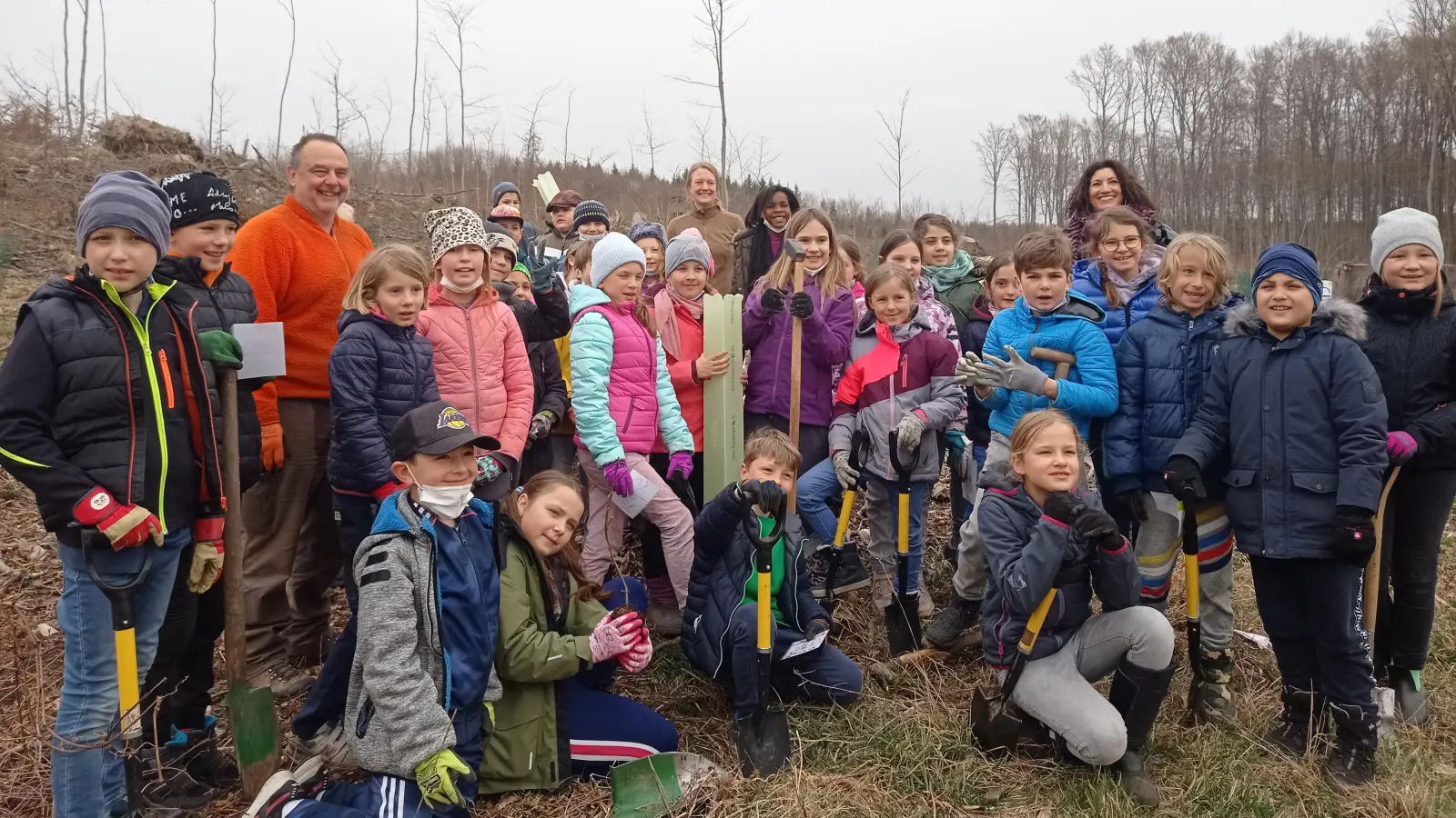 Die Grundschüler pflanzten Elsbeer-Setzlinge in einem Waldgebiet unweit von Inning. (Foto: Stadtwerke Fürstenfeldbruck)