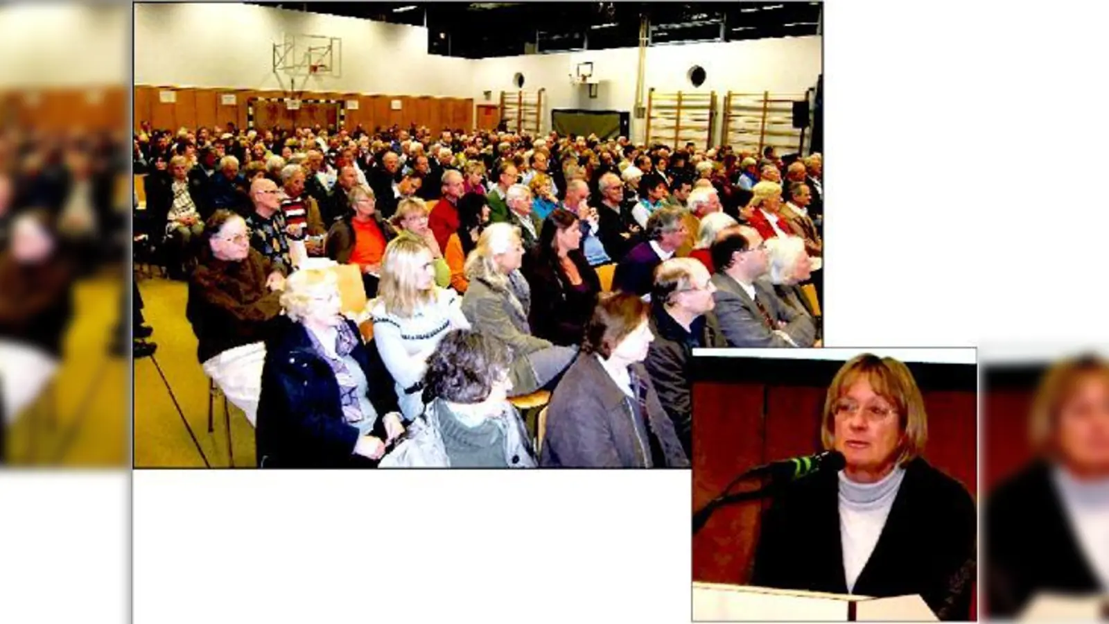 Die Turnhalle der Helen-Keller-Realschule war sehr gut besetzt. Kl. Foto re.: BA-Vorsitzende Angelika Pilz-Strasser.	 (Fotos: ikb)