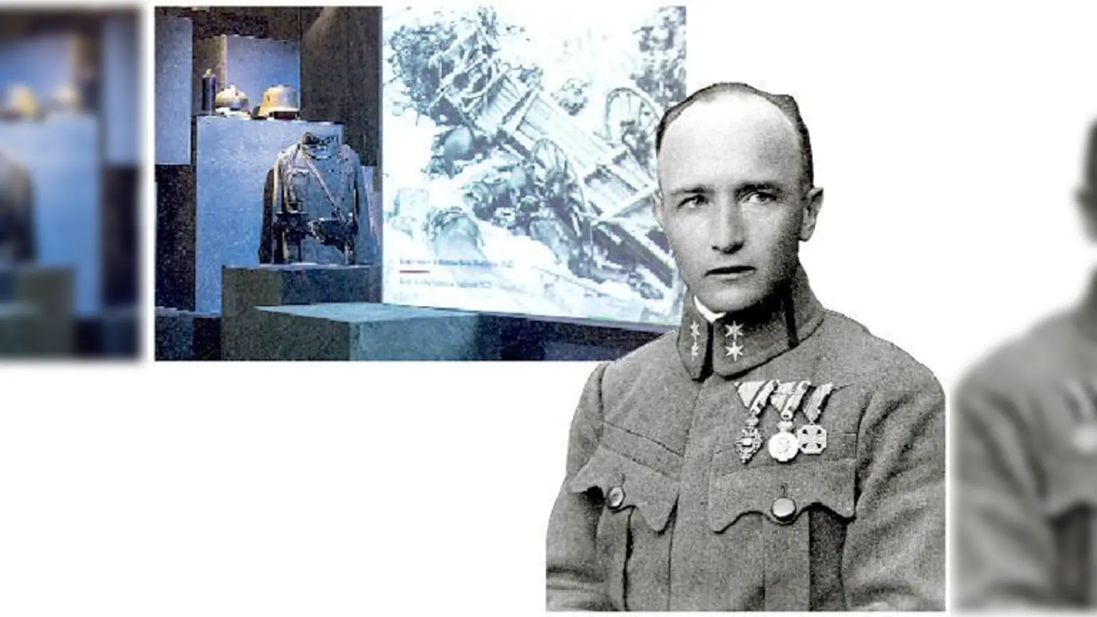 Blick in die Musil-Ausstellung: Originaluniform aus dem Ersten Weltkrieg und Projektion.	Foto klein:  Robert Musil mit seinen Auszeichnungen, um 1918. Museum, Klagenfurt.  (Foto: Robert Musil Literatur/Christian P Schmieder)