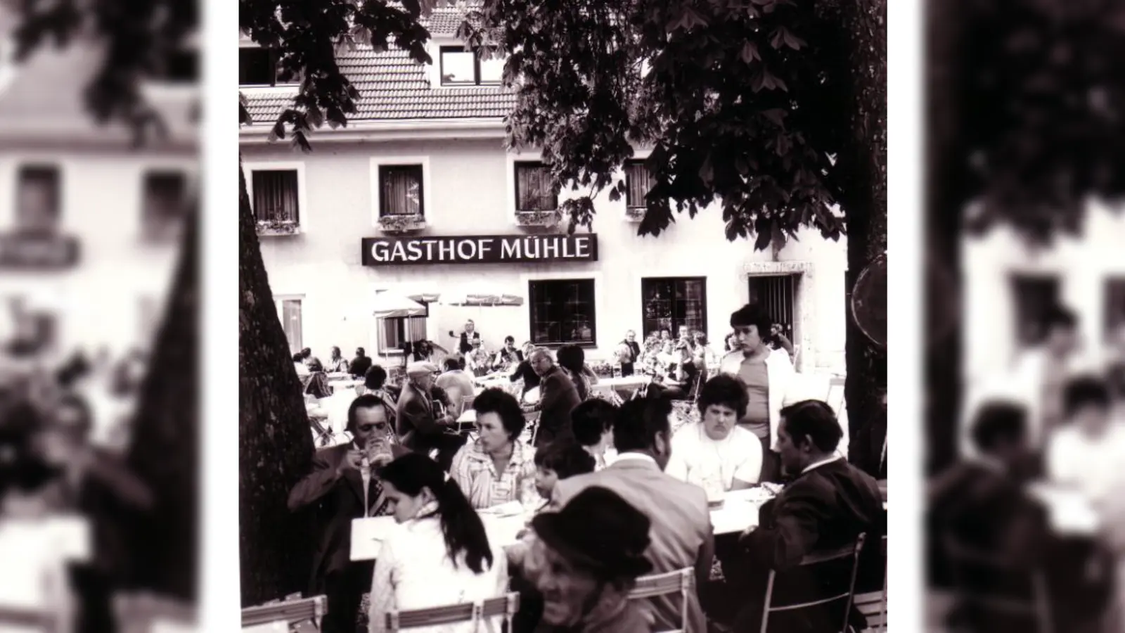 Auf alten Fotos lässt sich am Tag der offenen Tür die Geschichte der Ismaninger Wirtshäuser entdecken, hier der Gasthof zur Mühle.  (Foto: © Sammlung Seidl, Gemeinde Ismaning)