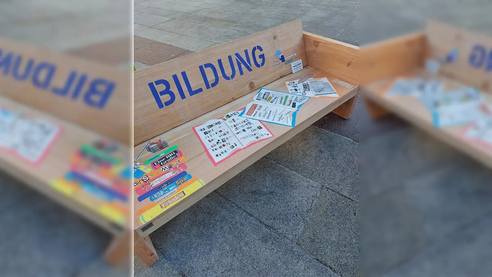 Ihre Vorstellungen vom Wert „Bildung” haben Besucher des Tollwood-Winterfestivals auf dieser Holzbank zum Ausdruck gebracht. Sie steht nun im Foyer des Referats für Sport und Bildung.  (Foto: Referat für Bildung und Sport)