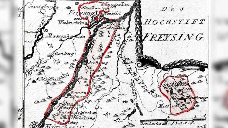 Karte des Hochstifts Freising (Reilly 1792). Die zugehörige Grafschaft Ismaning (rot umrandet, links) erstreckte sich nördlich von München und östlich der Isar. (Foto: gemeinfrei)