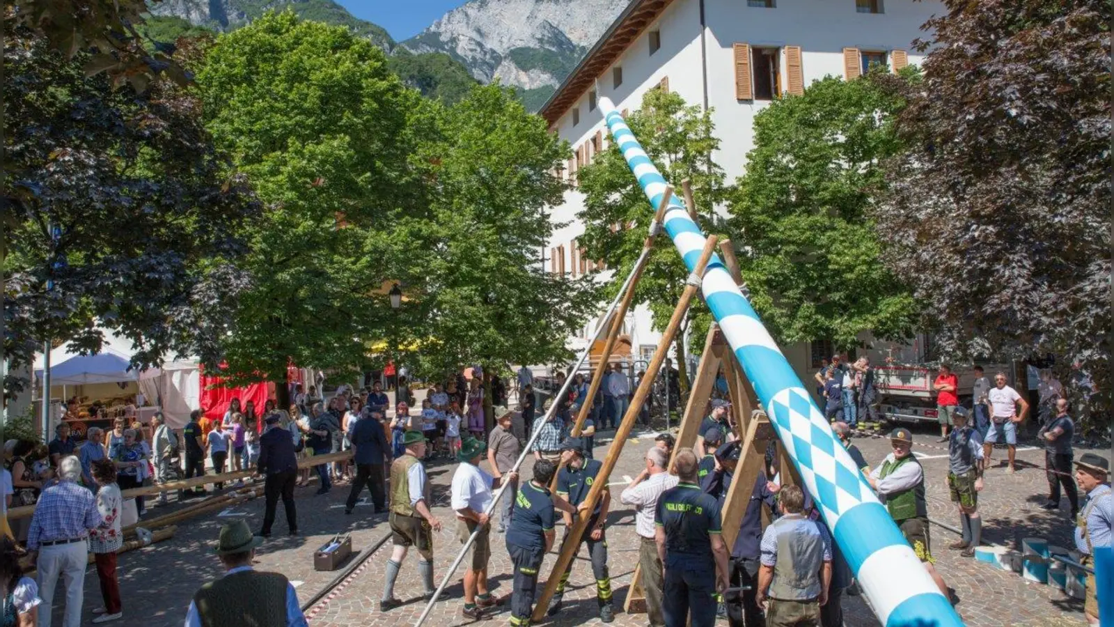 Der Maibaum wird vor dem Rathaus in Ravina aufgestellt. (Foto: Gemeinde Herrsching)