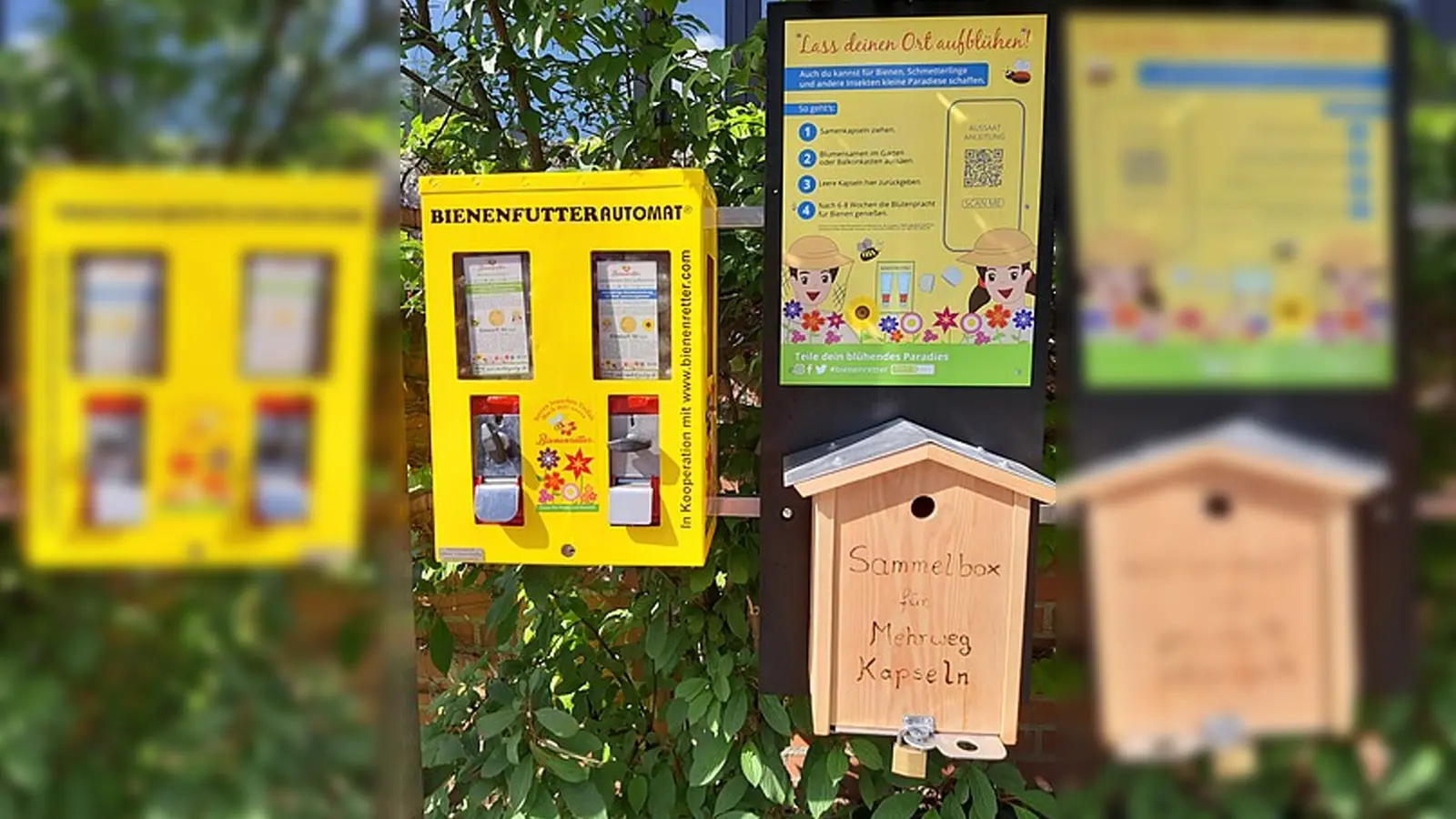 Der gelbe Bienenfutterautomat vor dem Gautinger Rathaus, daneben eine Anleitung sowie die Rückgabe-Box für leere Kapseln. (Foto: Gemeinde Gauting)