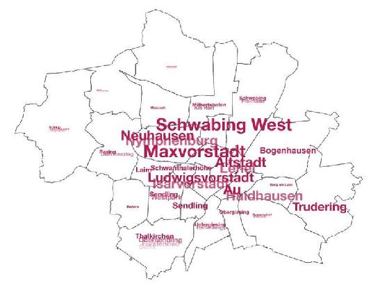 Die Topviertel der Münchner und Münchnerinnen: Anteil der Stadtbezirke an den Wunschlagen der Befragten. Grafik: A. Förster/TUM